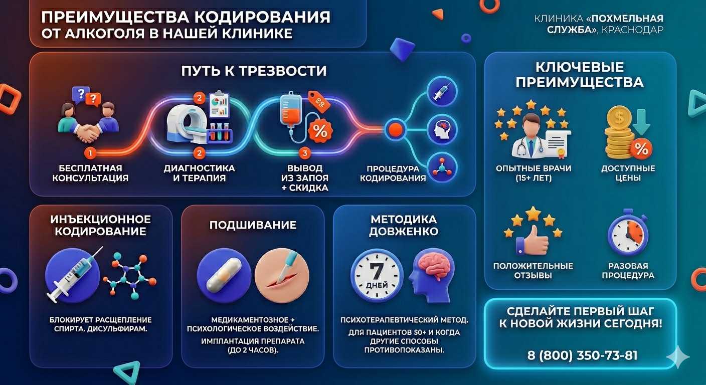 Инфографика о методах кодирования от алкоголя в Исламее: инъекции, подшивание, метод Довженко. Преимущества клиники и этапы лечения.