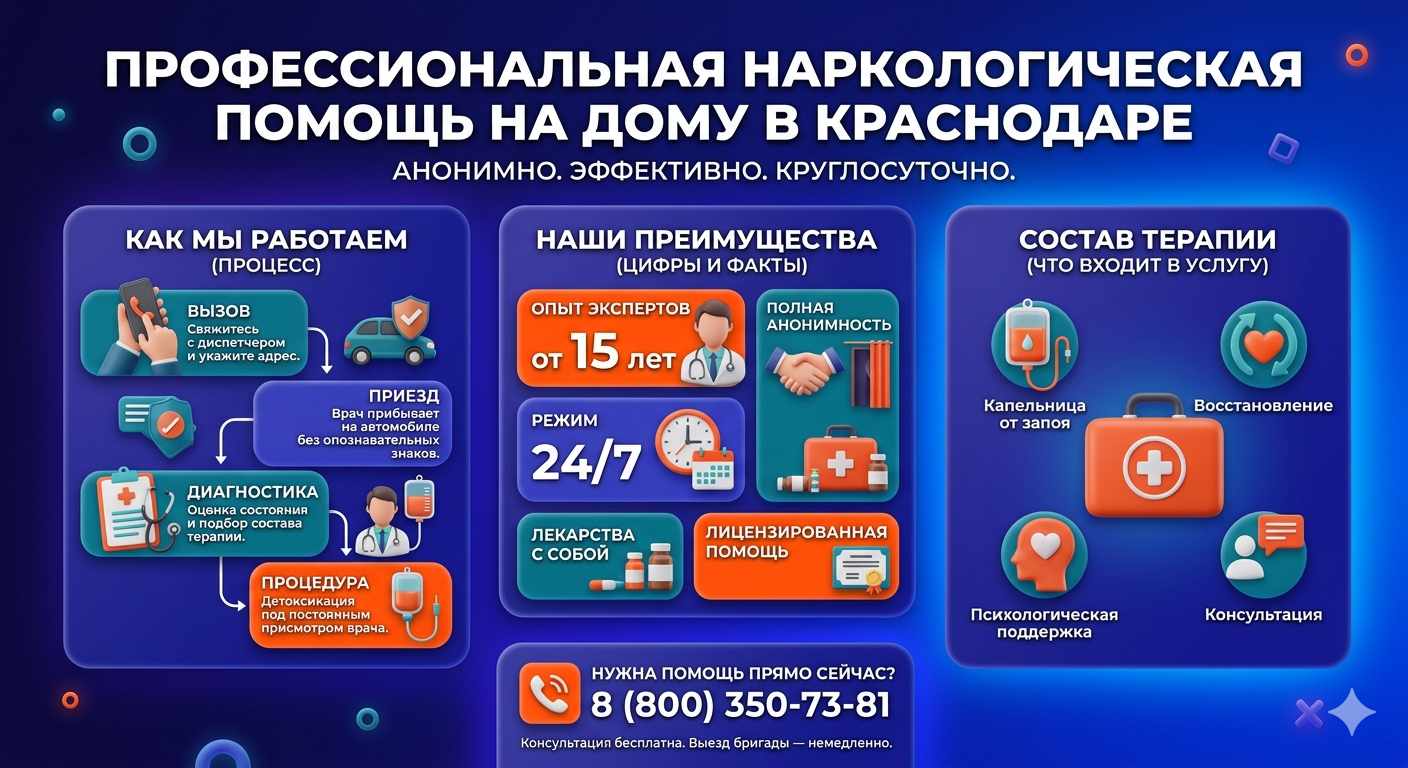 Инфографика о принципах лечения алкоголизма на дому в Исламее: этапы вызова нарколога, преимущества анонимной детоксикации и состав медицинской помощи.